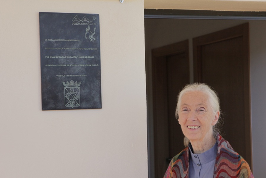 Woman stands besides a plaque.